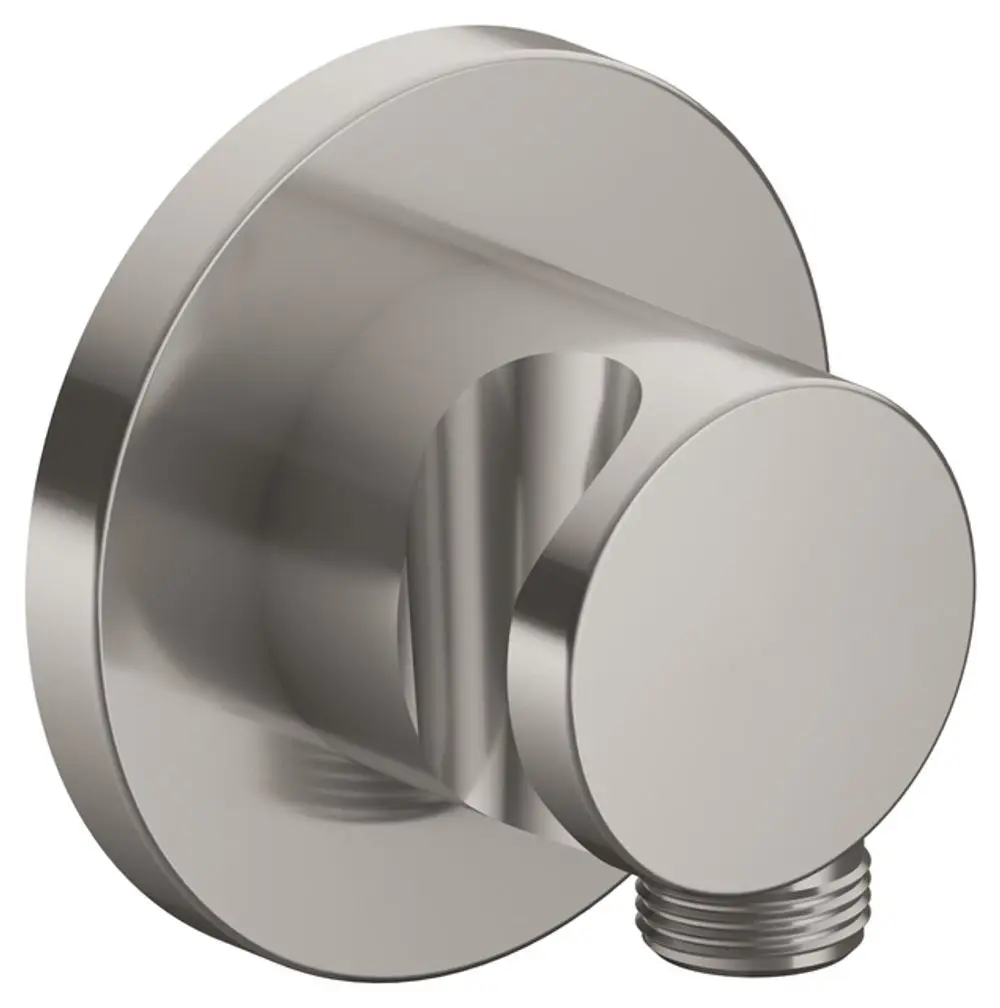 Runder Schlauchanschluss aus Edelstahl im Design von Keuco mit integriertem Brausehalter und seitlichem Gewindeanschluss.